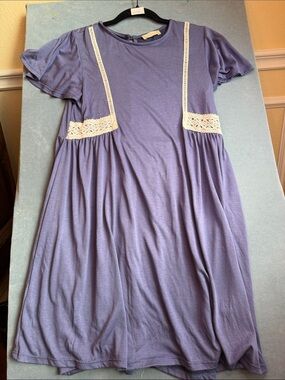 ALTAR’D State   Short Sleeve Blue Dress with Cream Lace Trim